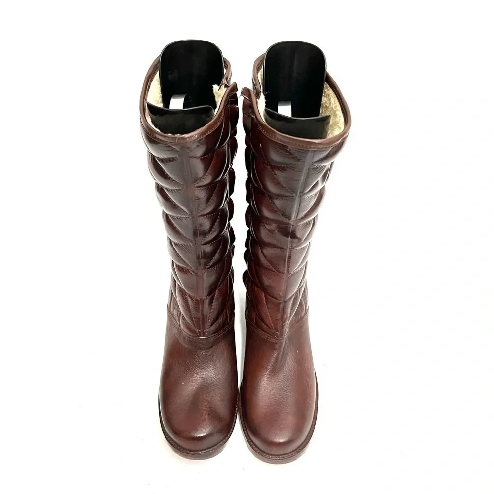 Vintage 1970s brown vegan leather quilted fleece lined knee high rain boots